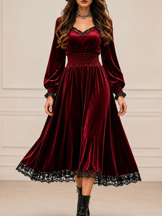Annuo  Women Fall Winter Elegant Casual Dress, Lace Splicing Velvet Evening Gown