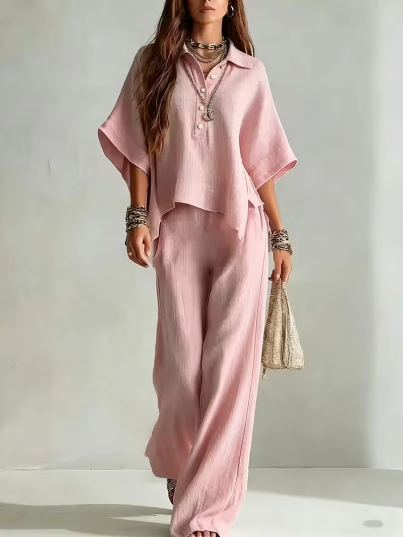 Linen Blend Polo Neck Short Sleeve Shirt & Wide Leg Pants Two-Piece Set