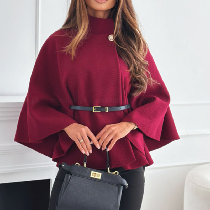Women's Batwing Sleeve Cape Coat Trendy Belted Stand Collar Cloak For Casual Outfits Wine Red - Shop at LoveMi