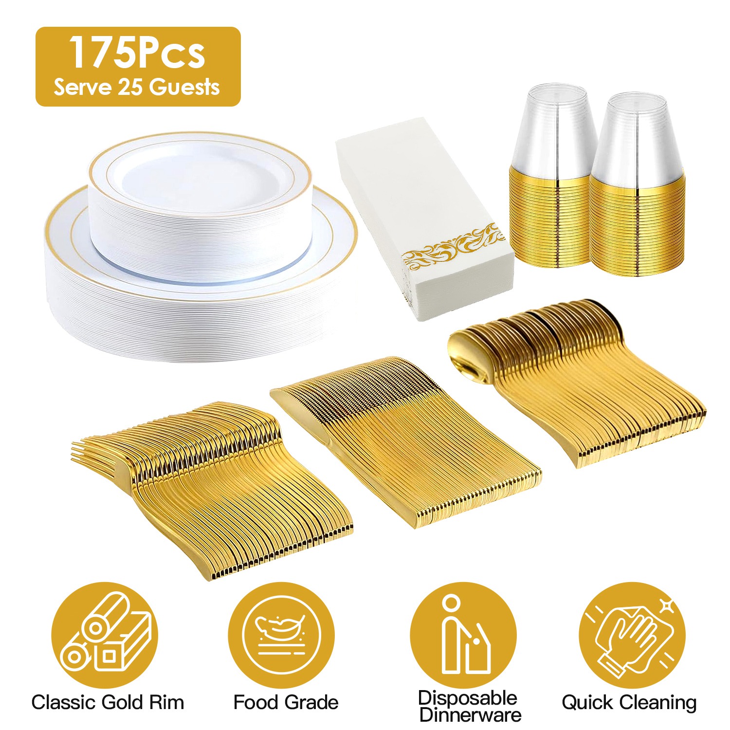 Ensemble de 175 pièces de vaisselle jetable en or, assiettes en plastique, tasses