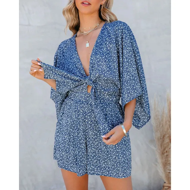 New Sexy V Neck Wide Loose Jumpsuit For Women At Home And Holiday Style Jumpsuit Blue - Shop at LoveMi