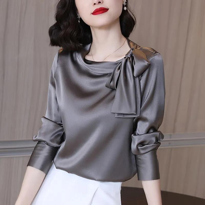 Title 6, Solid Color Bow Chic Top Ladies Shirt Long Sleeve