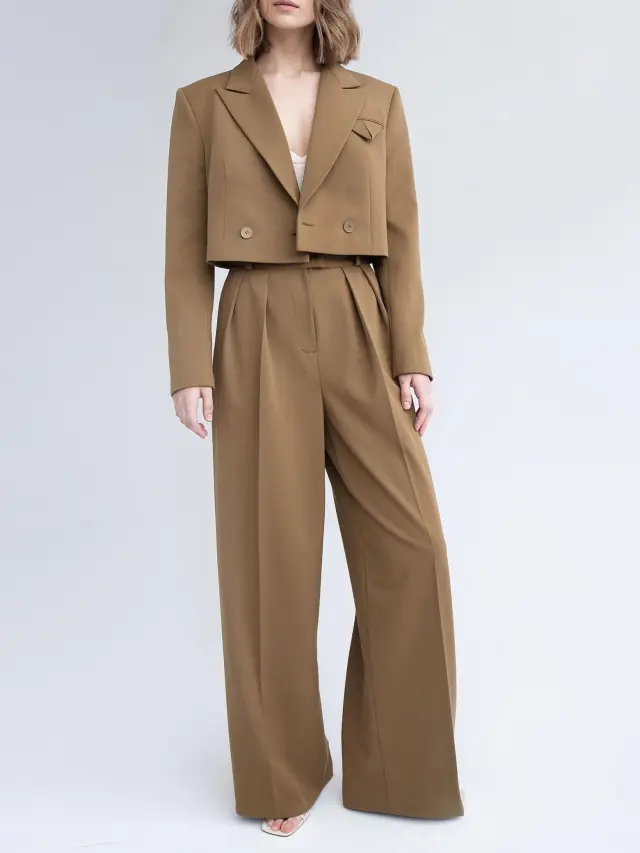 Solid Color Short Blazer & High Waist Pants Set Khaki - Shop at LoveMi