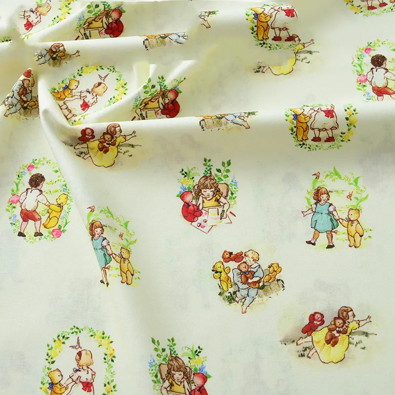 Pure Cotton Cartoon Bear Girl Pastoral Floral Printed And Dyed Fabric - Yellow Blue Dress
