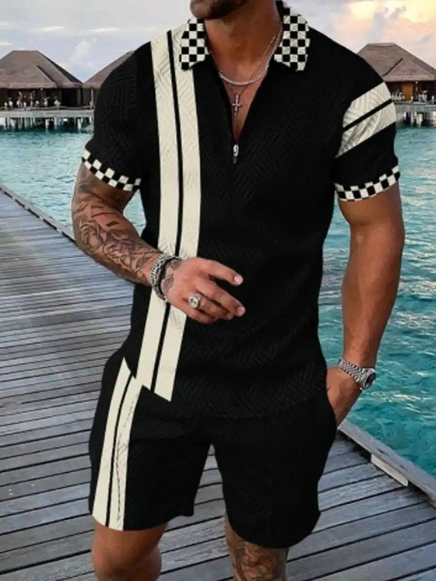 Men's Summer Fashion 3D Printed Short Sleeve Geometric Zip Lapel Shirt Set