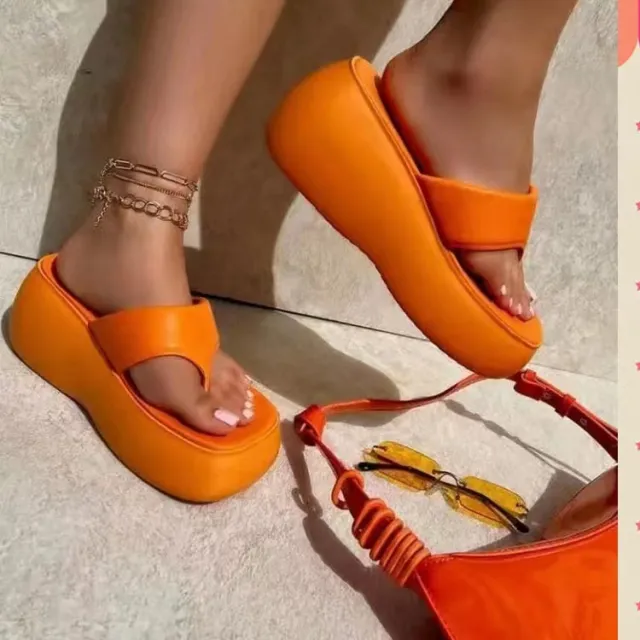 Women's Platform Wedge Solid Color Flip Flops With Square Toe Orange - Shop at LoveMi