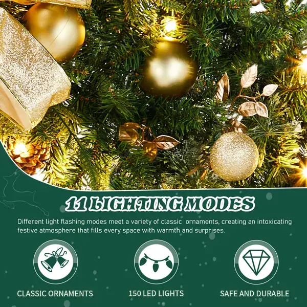 60in Pre-lit Christmas Wreath, Lighted Artificial Xmas Wreath With 220 Cold & Warm White Lights And 600 PVC Tips And DIY Ornaments, For Front Door Gate Wall Xma