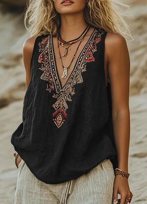 Women's Bohemian Retro V-neck Sleeveless Loose Vest