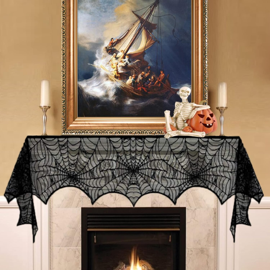 Halloween Black Lace Spiderweb Fireplace Mantel Scarf, Gothic Decor 6