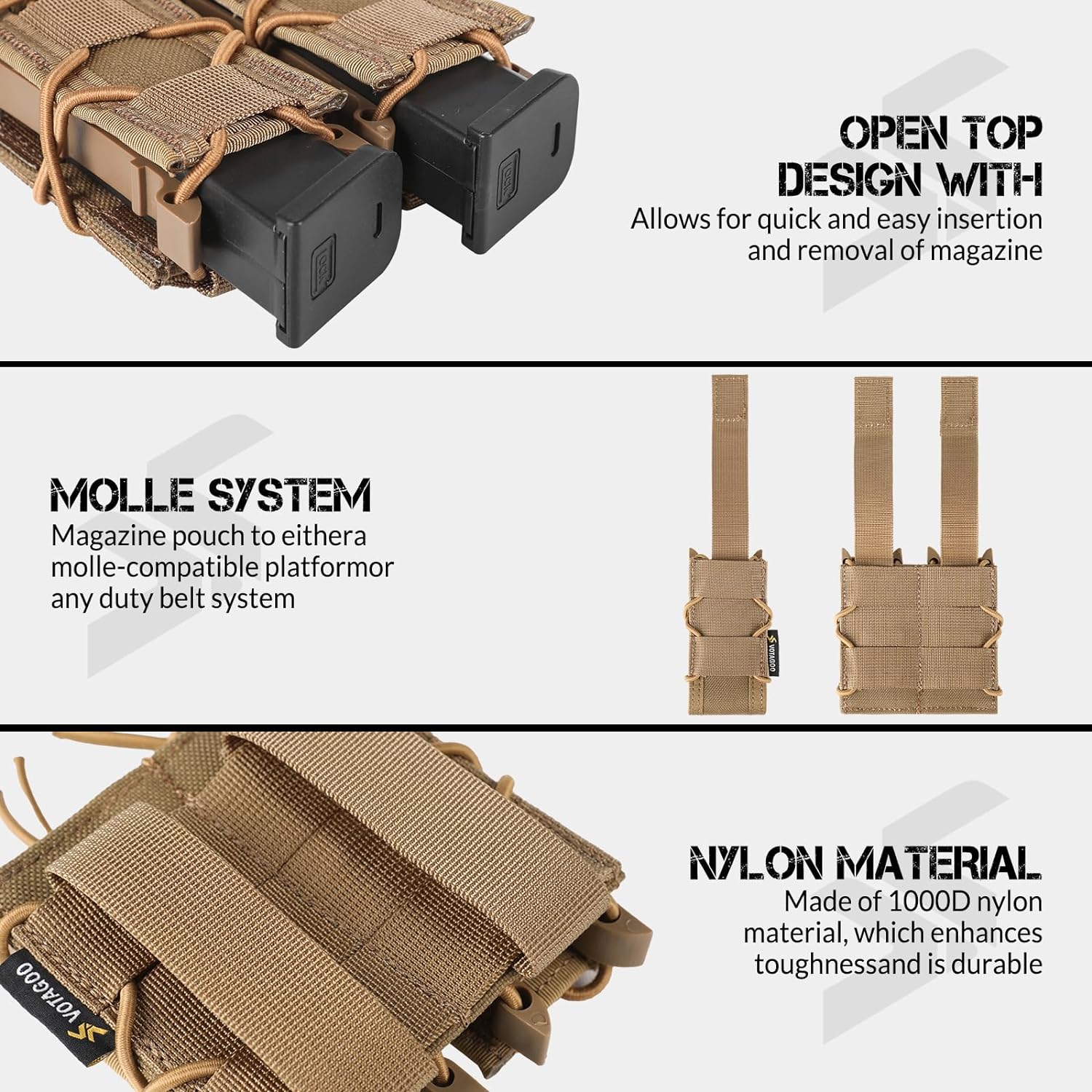 Molle Open-Top Pistol Mag Pouch. Flexible rapid response. This molle mag pouch with open-top design with shock cord and polymer brackets, holds your magazine or hardware in place, and is fully adjustable to fit a variety of magazines or tools. With no ext