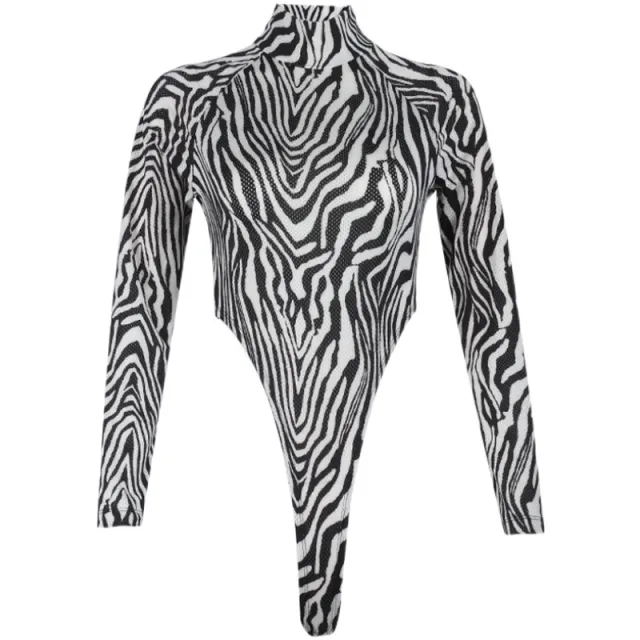 Women's Zebra Pattern Hollow Half High Neck Bodysuit - Shop at LoveMi