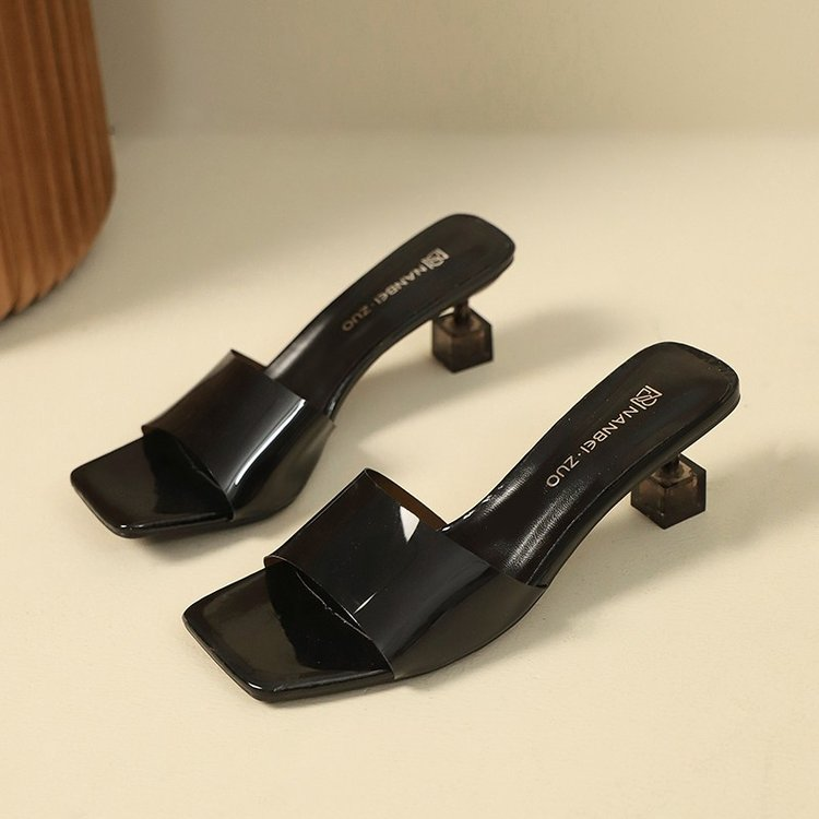 French Style Crystal Thin Heel Square Toe One-Strap Sandals For Women, New Transparent High Heel Slide Sandals Outdoor Wear