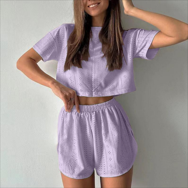 2Pcs Women’s Hollow Crop Top & Slit Shorts Set - Summer Casual Sport Outfit - Picture 14 of 16