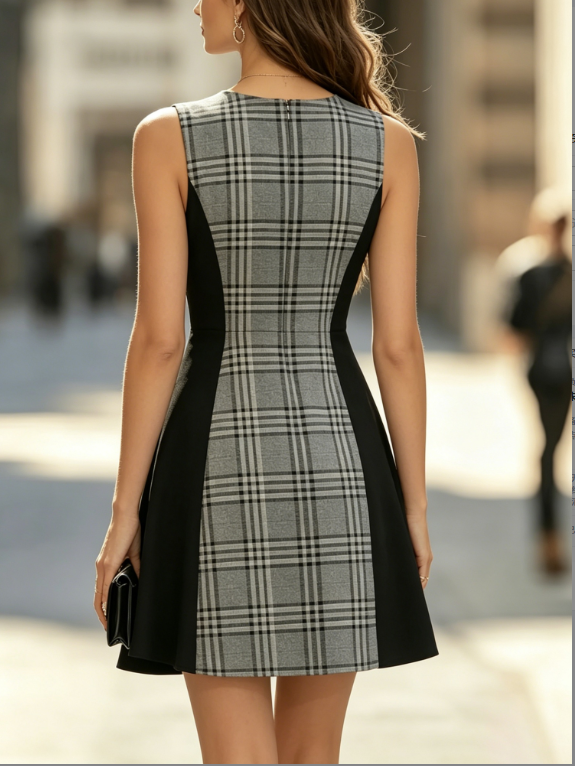 Grey Grid Collision Black Sleeveless Waist Cinched A-line Short Suit Dress