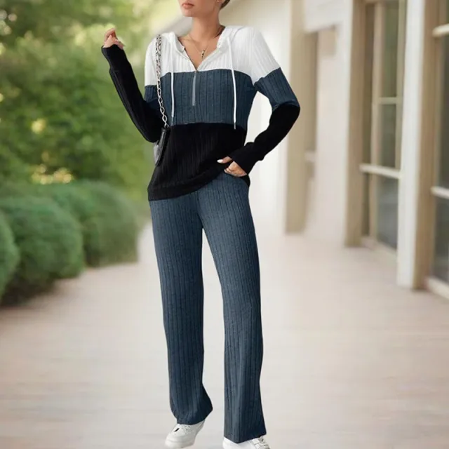 Women's Contracted Design Color Block Hooded Sweatsuit Set Long Sleeve Zip Up Hoodie With Wide Leg Lounge Pants White Blue - Shop at LoveMi