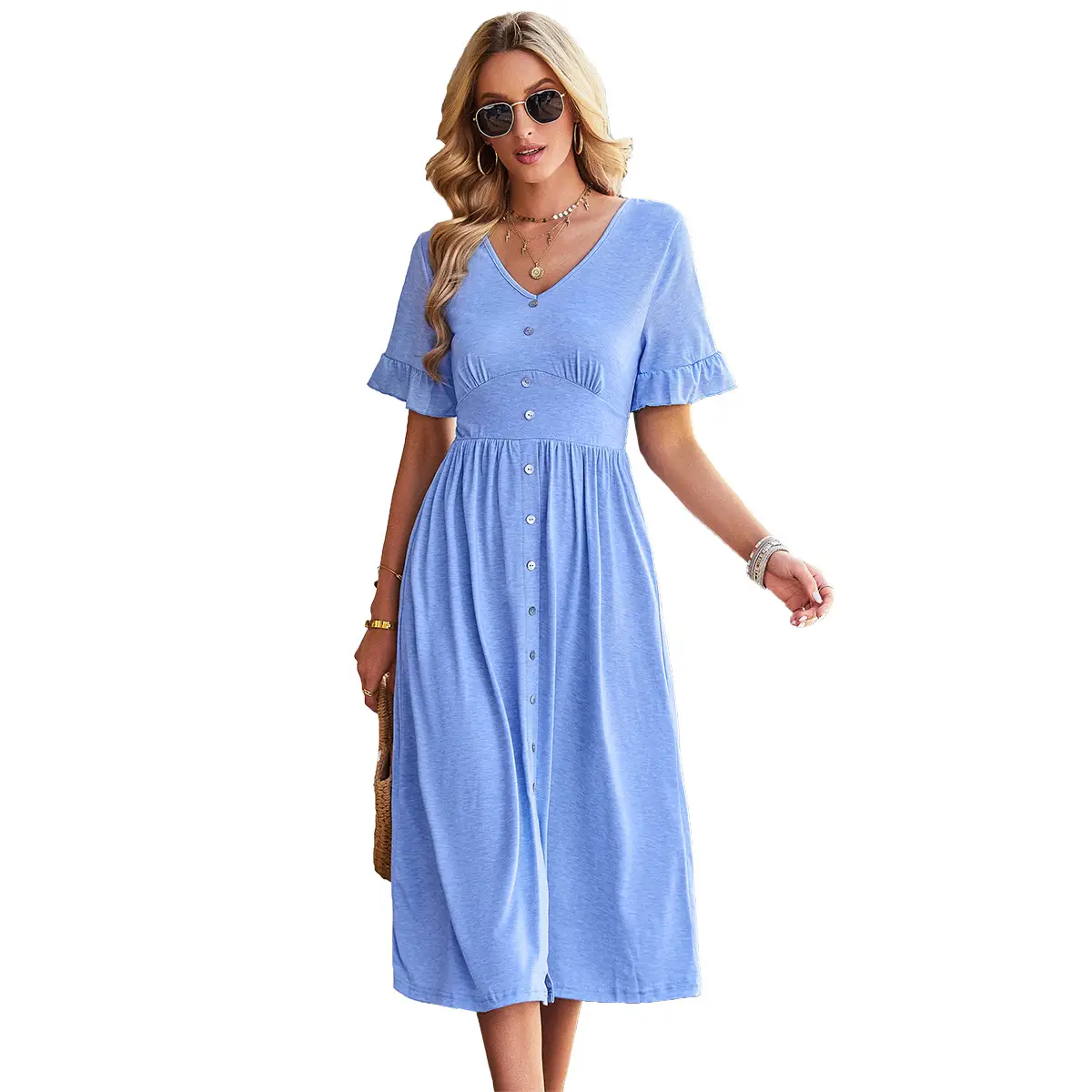Solid Color And V-neck Temperament Commute Short Sleeve Ruffled Dress
