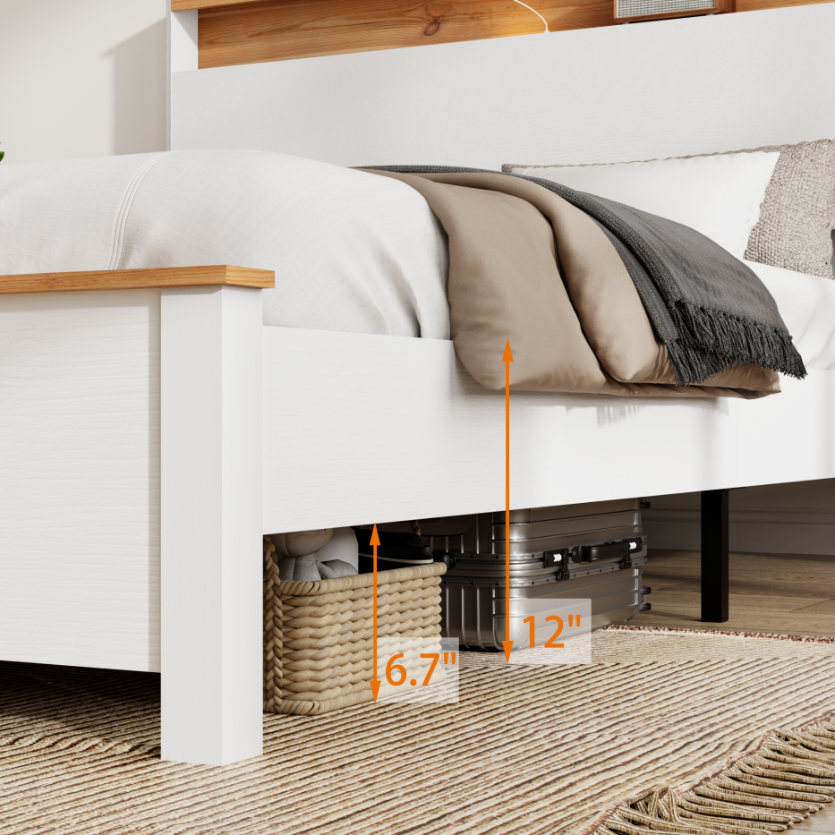 Queen Farmhouse Wood Bed Frame With Storage Headboard & Charging Station, White — foto 5