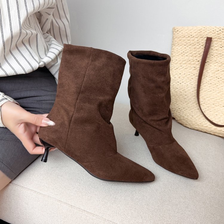 Women Pointed Toe Suede Kitten Heel Mid Calf Boots