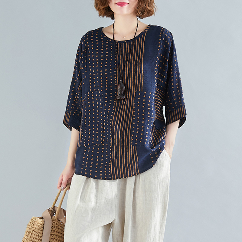 Autumn New Plus Size Women's Bat Sleeve Top Striped T shirt Dark Blue - Shop at LoveMi