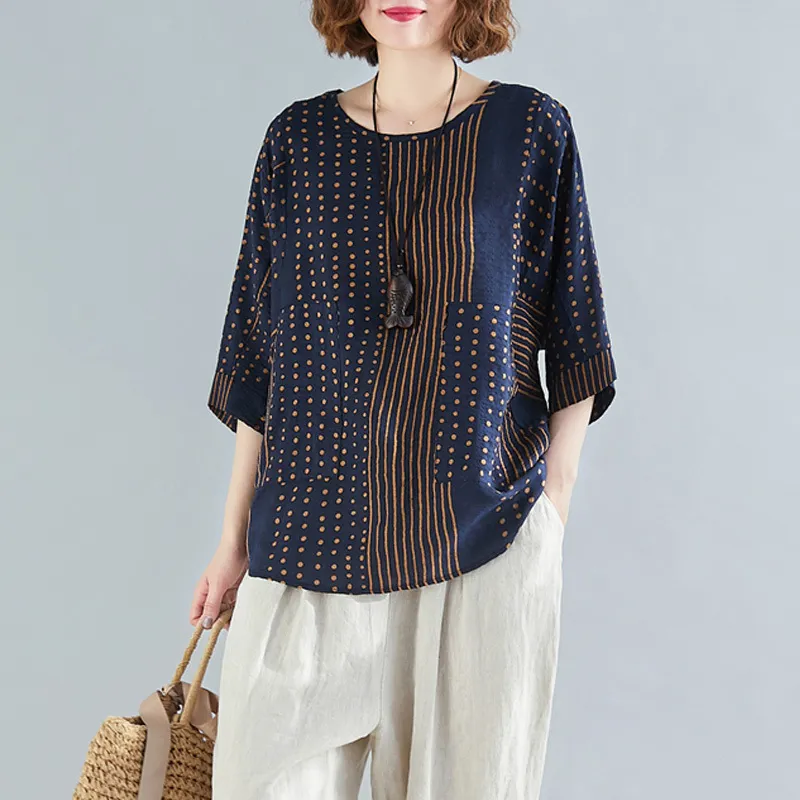 Autumn New Plus Size Women's Bat Sleeve Top Striped T-shirt - Dark Blue