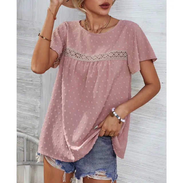 Short Sleeve Summer Tops Blouse Solid Color Lace Babydoll Shirts Pink - Shop at LoveMi