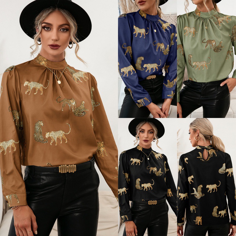 Leopard Print Long Sleeve Pullover Shirt Top Women