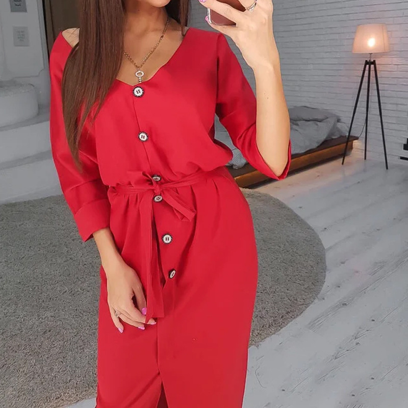 Autumn And Winter Solid Color V-neck Round Neck Two-wear A-line Belt Autumn Dress