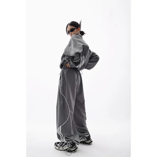 High grade Fashion And Handsome Outdoor Jacket Coat Wide leg Trousers 2 piece Set For Women Cement Gray Pants - Shop at LoveMi