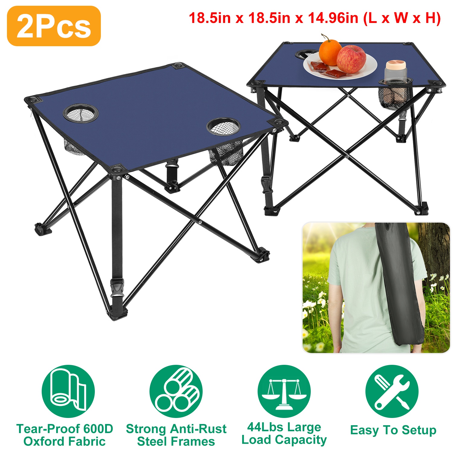 1Pc 2Pc Options Foldable Camping Table Portable Picnic Table Lightweight Travel Desk With 2 Cup Holders Carrying Bag Color Options Black Orange Green Red Blue Navy Blue image 30