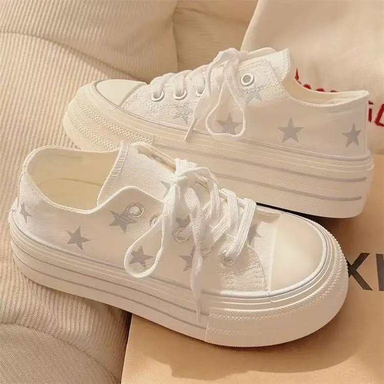 Women Thick Sole Canvas Shoes Height Increase White Sneakers Autumn New Breathable Student Casual Star Skate Shoes For Dress Matching