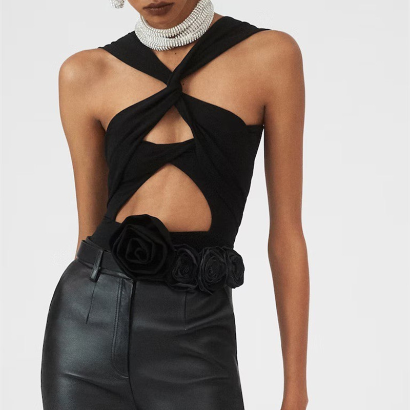 Three-dimensional Rose Flower Cross Hollow Ladies Jumpsuit