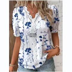 V Neck Lace Short Sleeve Printing For Fashion - Color1 - View 1