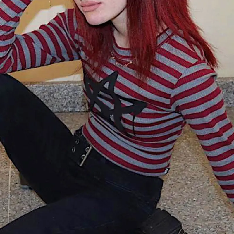 Crewneck Striped Pentagram Slim Fashion Long-sleeved T shirt