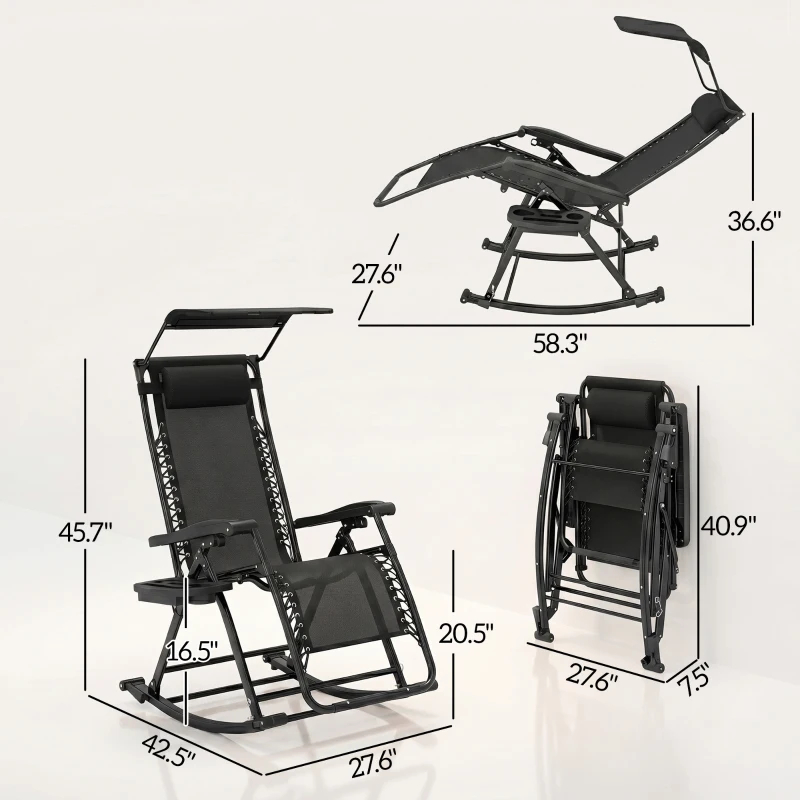Outdoor Rocking Chairs, Foldable Reclining Zero Gravity Lounge Rocker With Pillow, Cup & Phone Holder, Combo Design With Folding Legs, Black thumbnail 2