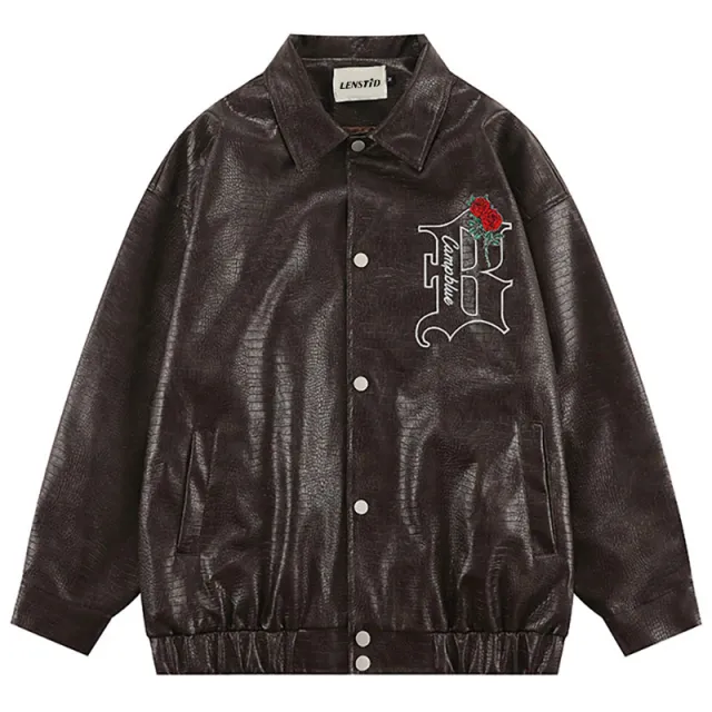 Rose Embroidered PU Leather Statement Jacket Coffee - Shop at LoveMi