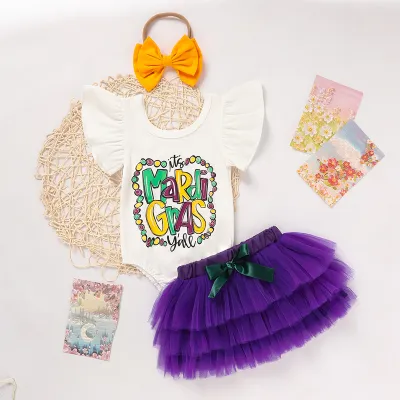 Baby Girl's 2-Piece Set Letter Print Onesie With Elastic Waist Tulle Skirt And Bow
