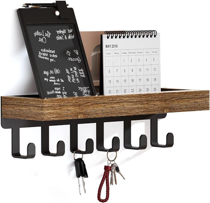 Wooden Wall Key Holder With Storage Tray And 6 Hooks For Entryway, Home, Office And Organization