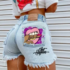 Women's Fashion Ripped Denim Shorts - Light Blue - View 1