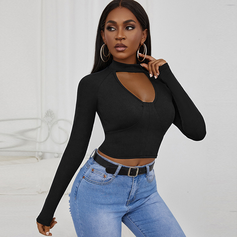 Skinny Long Sleeve Bodysuit Explicit Halter Slim Fit Solid T-Shirt