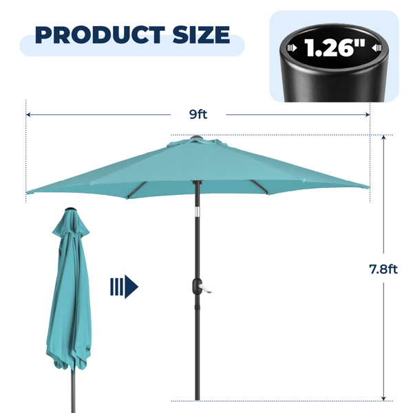 9ft Patio Umbrella, Outdoor Market Umbrella With Push Button Tilt, Crank Handle, 6 Sturdy Iron Ribs, UPF Waterproof Polyester Canopy, KD Design For Garden, Deck, Backyard, Poolside, Sky Blue - Image 9