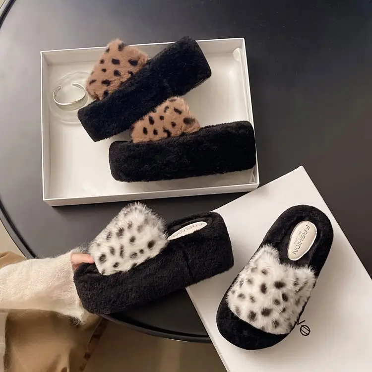 Cotton Slippers, Hairy Height Increasing Fashion Leopard