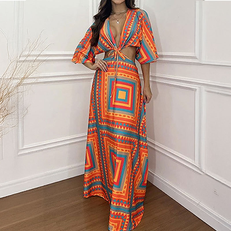 Women's Bohemian Print Maxi Dress, Deep V-Neck Cutout Waist Long Dress