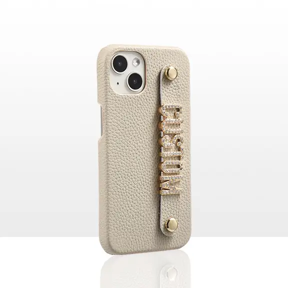 Genuine Leather Lychee Pattern Metal Letter Phone Case
