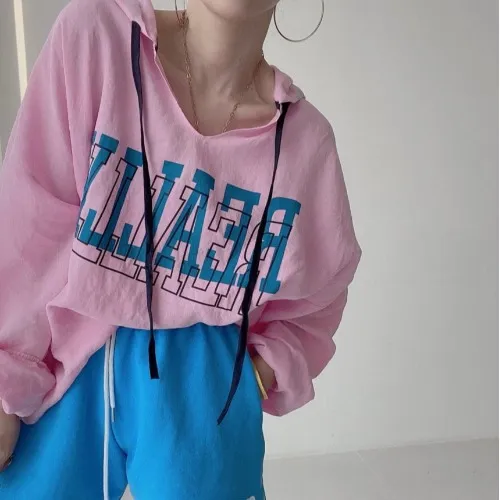New All match Hooded Printing Long Sleeves Pink - Shop at LoveMi