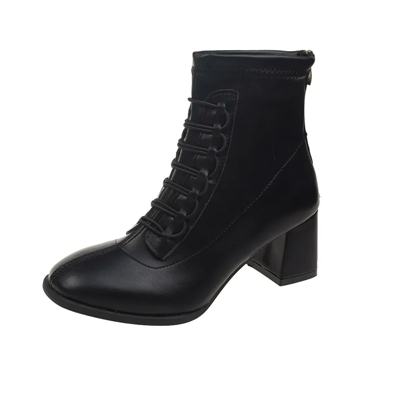 Round Head Square Root Soft Bottom Lace-up Casual Simple Style Shoes Women - Black