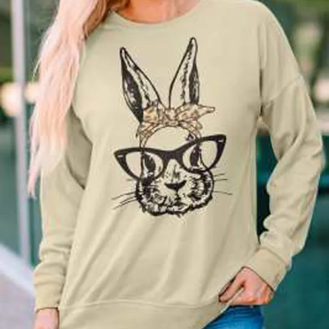 Kawaii Pattern Loose Casual Crew Neck Top Khaki - Shop at LoveMi