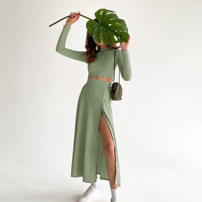 Solid Color Split Half-length A-line Skirt Two-piece Suit