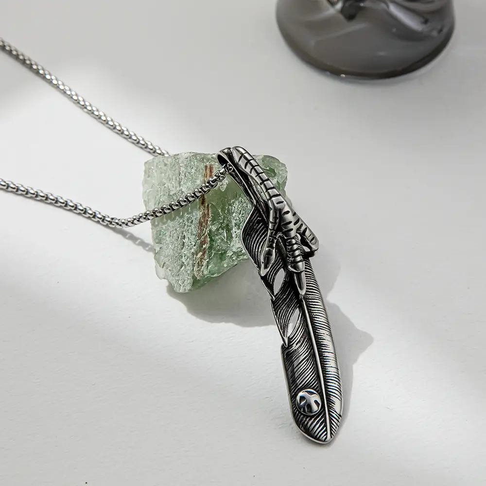 Popular Personality Retro Feather Titanium Steel Necklace For Men