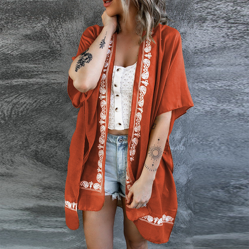 Patterned Loose Beach Sunscreen Shirt Mid Sleeve Summer Women's Clothing