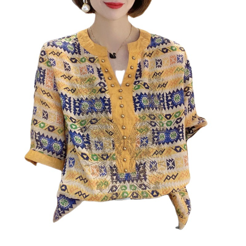 Ethnic Style Hot Diamond Printed Shirt Female Summer